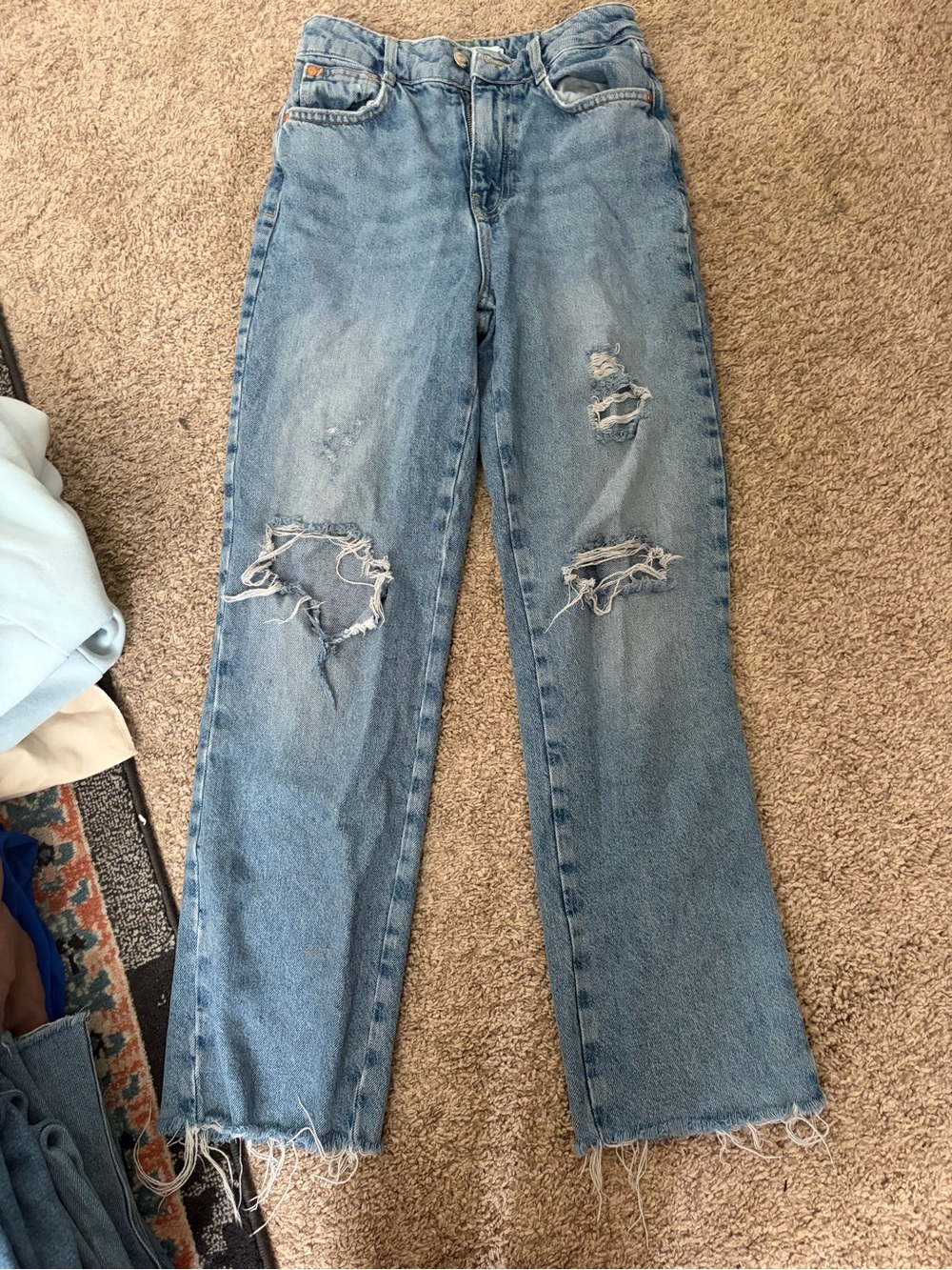 Zara Light Blue Distressed Straight-Leg Jeans
